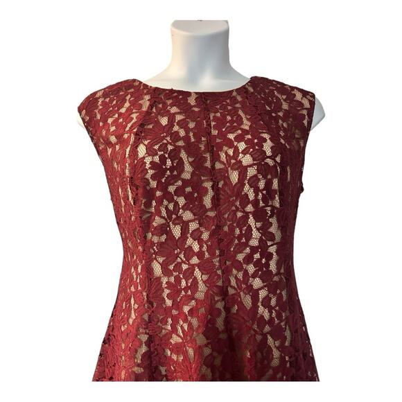 ⭐️Gabby Skye Lace Maroon Fit & Flare Sleeveless Illusion Overlay Party Dress - Picture 8 of 15